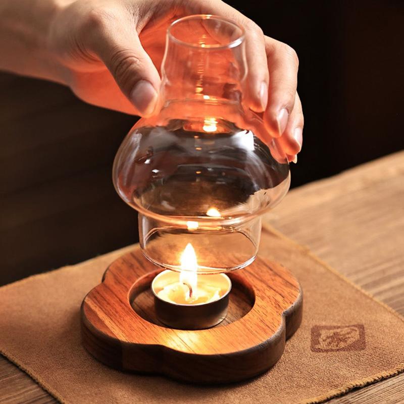 1PC With Glass Cover Weddinig Wood Candlestick Transparent Candle Holders Antique Lanterns Tabletop With Wood Base Windproof