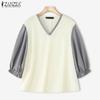 ZANZEA Women Casual V-Neck Splice 3/4 Sleeve Loose Blouse