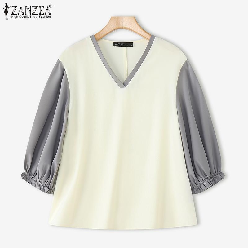 ZANZEA Women Casual V-Neck Splice 3/4 Sleeve Loose Blouse