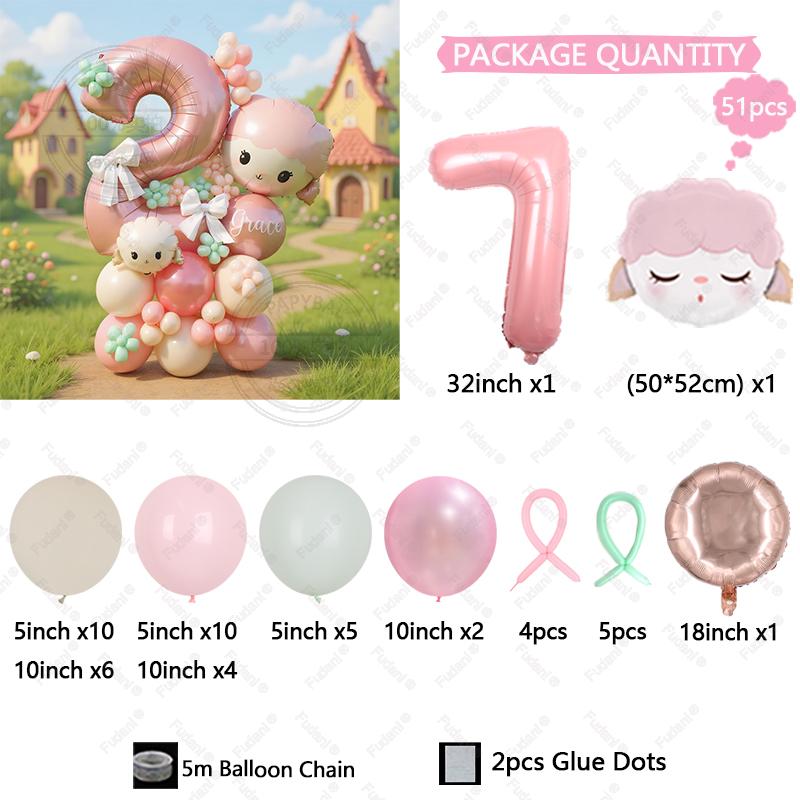 51Pcs Cute Pink Sheep Aluminum Film Balloon Pink Digital Balloon Set Girl Birthday Party Decoration Baby Shower Globos Gifts