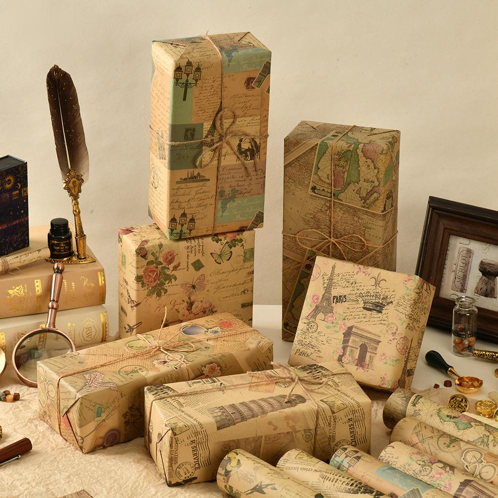 6 Pcs 50x70cm Per Roll Vintage Building Floral Craft Wrapping Paper Sheet Package for Holiday Gift Wrap Craft Paper Decor Gifts