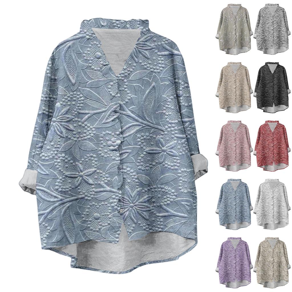 Women's Loose Ruffled Floral Print Stand Collar Long Sleeve Cotton And Linen Top