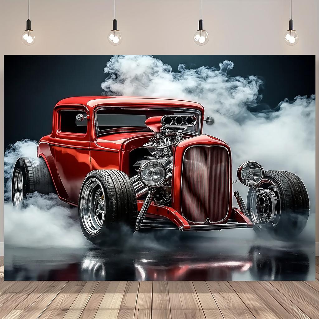 Classic Car-themed Photography Background Cloth - 1 Piece, Retro Vehicle and Smoke Party Background, Home Cake Table Decoration