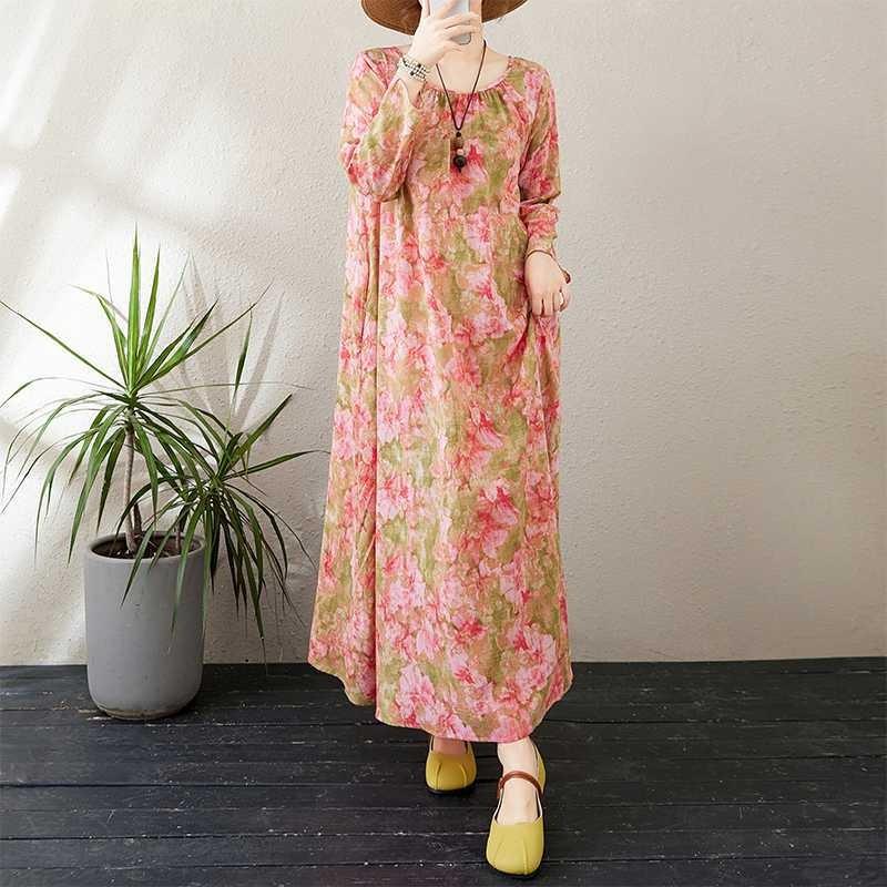 New Round Neck Minimalist Long Sleeve Extra Long Dress Vacation Style