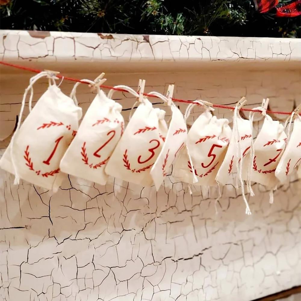 25Pcs Advent Calendar Kit Bags Diy Christmas Tree Ornament Farmhouse Merry Xmas Eve Stocking Countdown Home Wall Hanging Decor 14cm