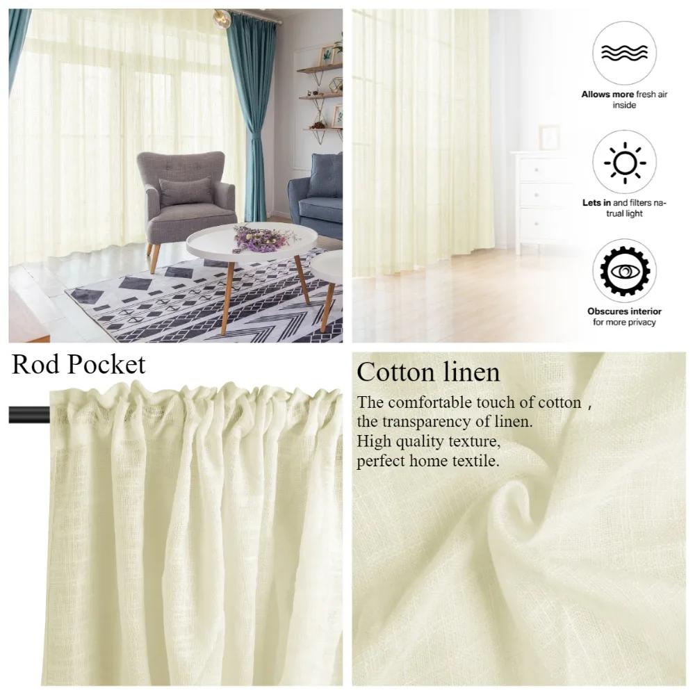 Cotton Linen Sheer Curtains Semi Transparent Voile Rod Pocket Curtains for Bedroom Living Room Light Filtering Window Curtains