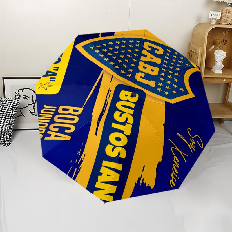 Club Atlético Boca Juniors Print Automatic Umbrella, 8 Rib Iron Frame, Plastic Handle, Suitable for Outdoor Travel &Daily , Ideal Gift