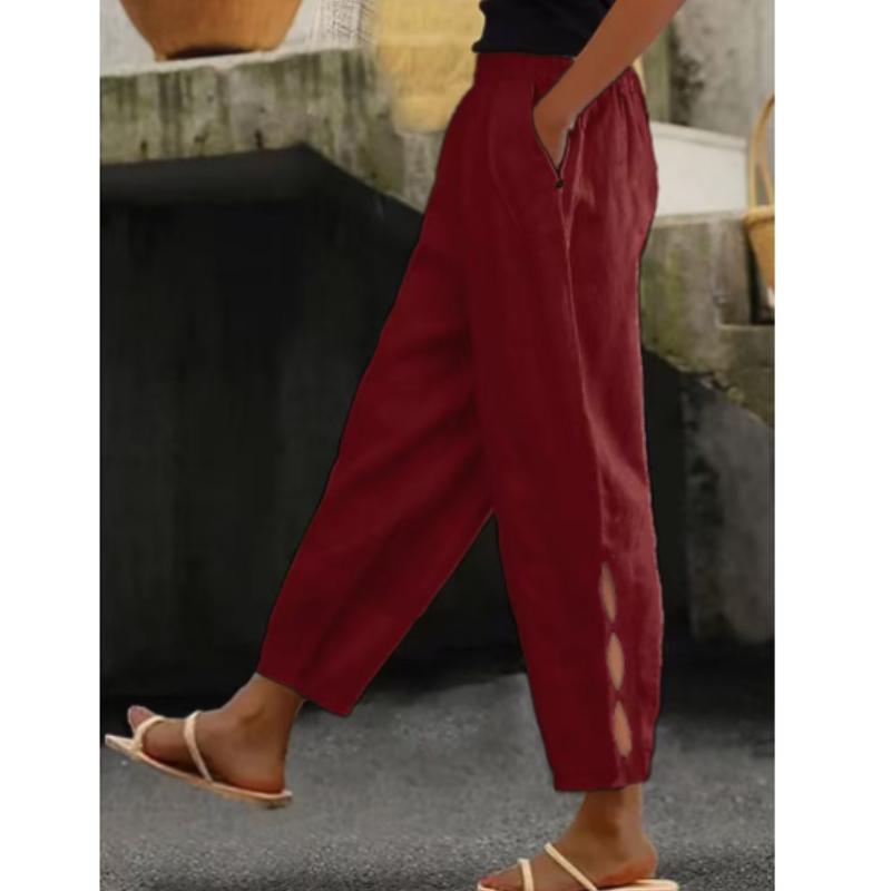 

Новые женские брюки хлопок лен однотонные модные повседневные брюки с боковыми карманами на пуговицах с вырезами 3XL вино красного
