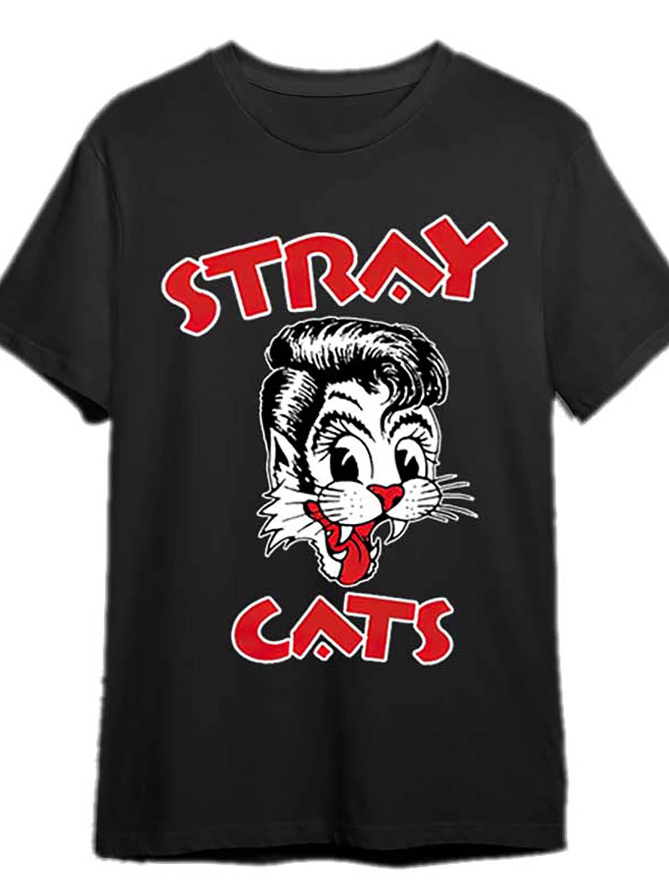 Mens Vintage Stray Cats Graphic TShirt  Black Short Sleeve Cotton Tee with Bold Red  White Cartoon Cat  STRAY CATS Print S