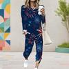 Women Plus Size Printed Round Neck Long Sleeve Cuffed Top And Cuffed Pants Two Piece Set With Pockets