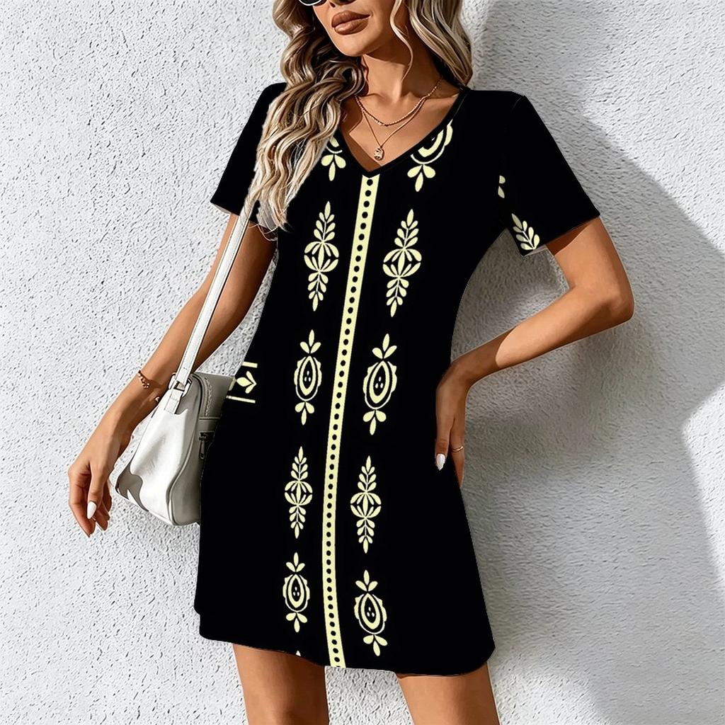 Mode d'été pour femmes Robe à col en V à manches courtes avec imprimé géométrique rétro Jupe courte sexy Robes