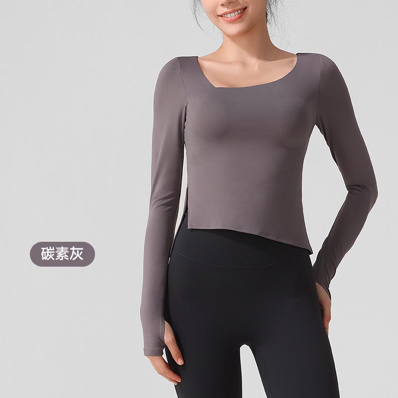 Yoga clothes new long-sleeved nude high elastic sports t-shirt women's one-piece fixed cup high-end fitness clothes spring and summer
