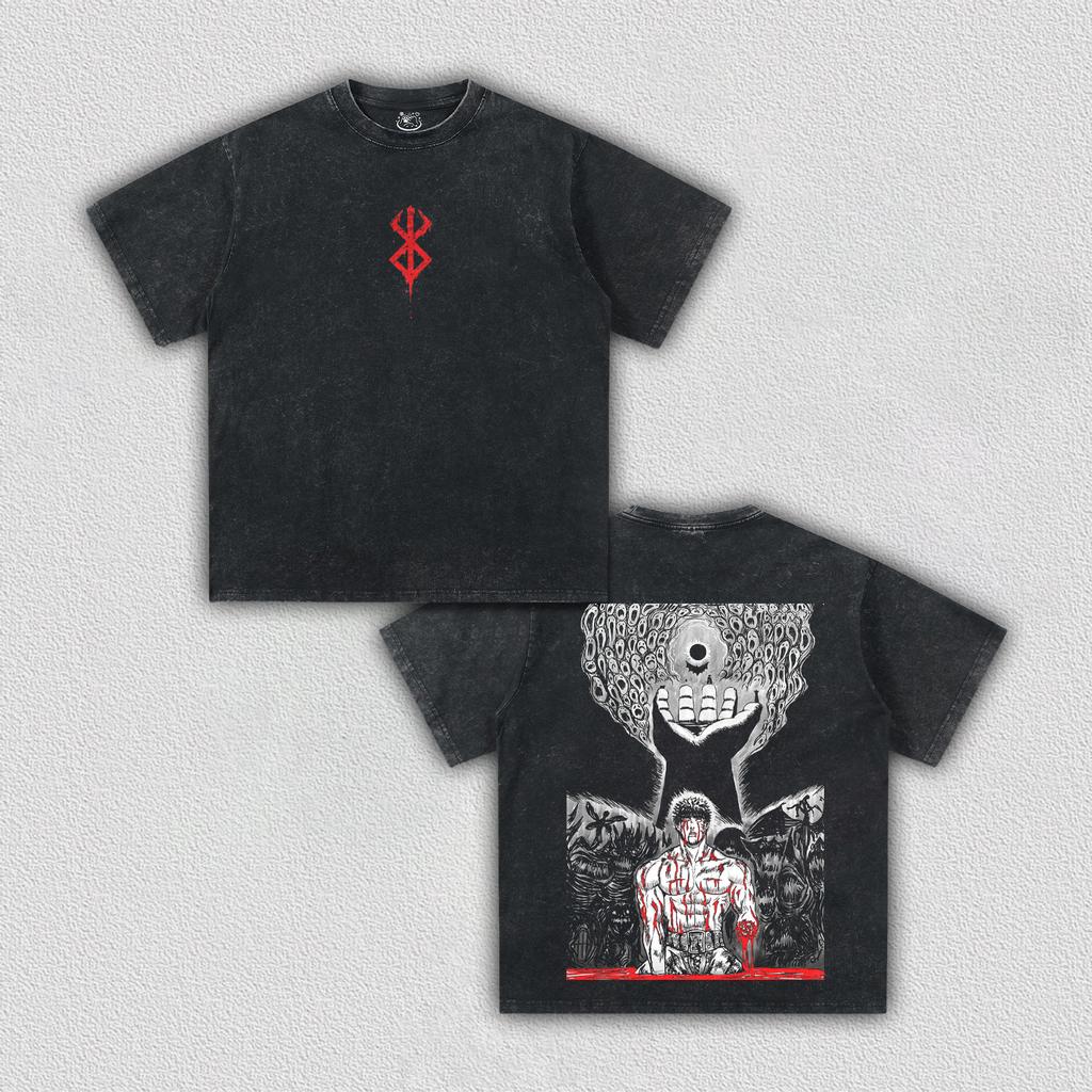 Berserk Baggy T-shirt Washed Oversized Cotton Anime Two Sided Print Men Women Short Sleeve Retro Streetwear Cotton Female Male Clothing