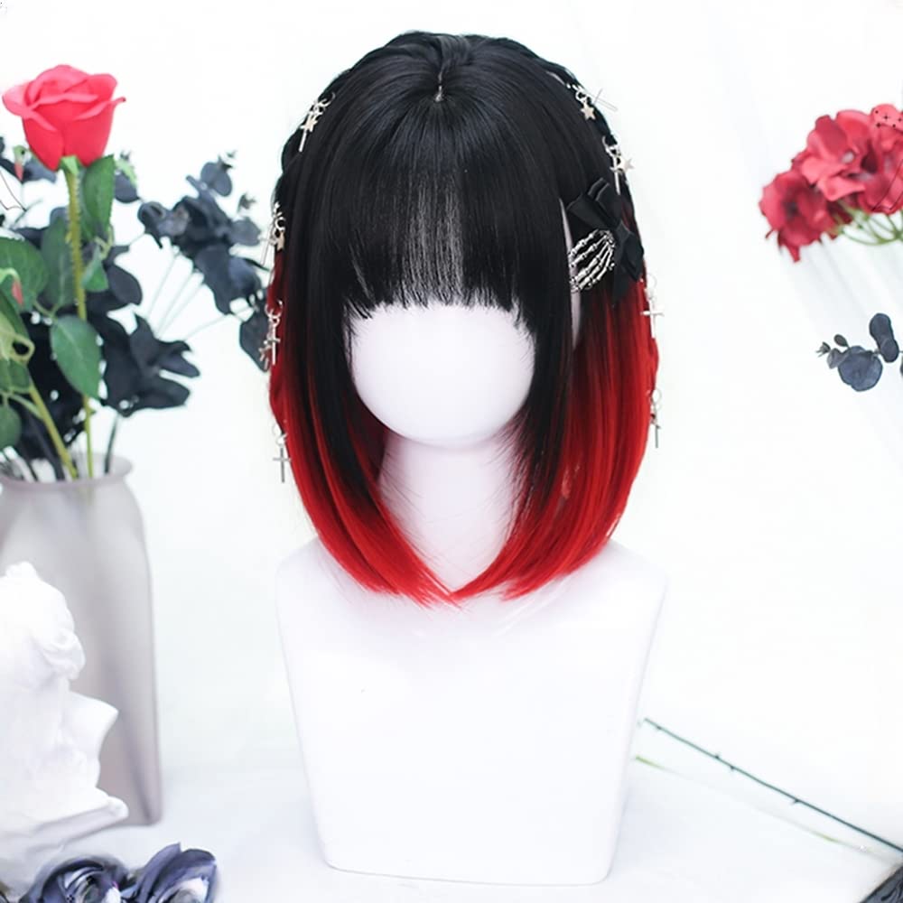 Straight Full Wig, Bob, Mori Girl, Dreamy, Cute, Heat-resistant, Semi-long, Cosplay, Lolita Style, Everyday Wear, Black and Red Gradient Wig