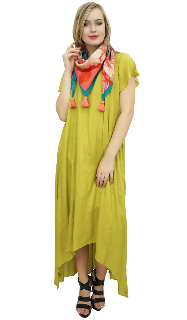 Bimba Women's Cotton Asymmetrical Hem Summer Pockets Dress With Scarf