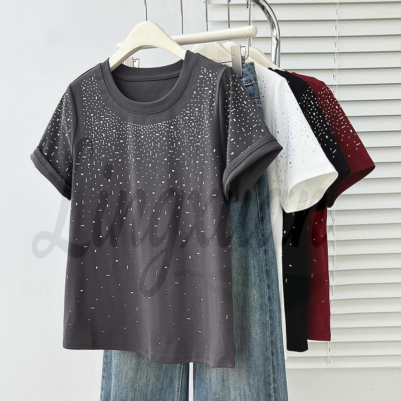 Summer 2026 Plus Size Women's Chic Rhinestone Round Neck Short Sleeve T-shirt
