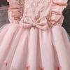 Kids Princess Dress Girls O Neck Wing Sleeve Bowknot Floral Print Embroidery Summer Sweet Birthday Party Clothing