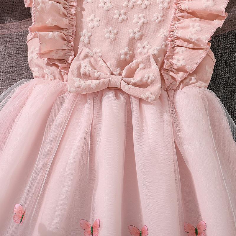 Kids Princess Dress Girls O Neck Wing Sleeve Bowknot Floral Print Embroidery Summer Sweet Birthday Party Clothing