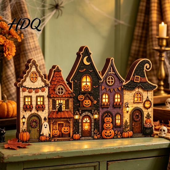 Halloween Wooden House Decorations Retro Haunted Village Tabletop Decor Fall Farmhouse Witch Distressed Wood Crafts Ornament Ghost Town Centerpiece
