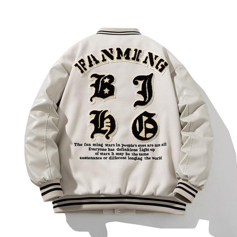 Mens Vintage Winter Thickened Baseball Jacket With Embroidery Wool PU Leather Patchwork Loose Fit