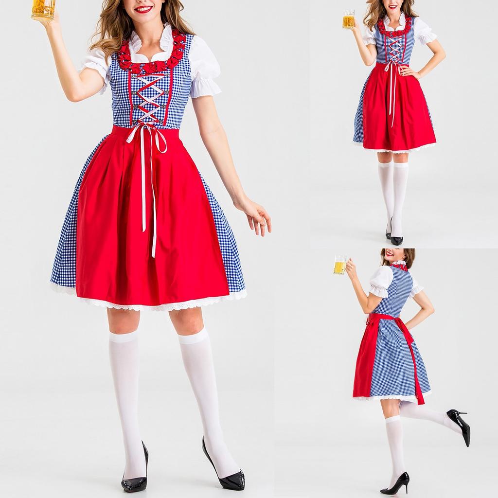 Traditional Bavarian Style Oktoberfest Dress with Lace-Up Bodice and Apron for Women Festival Costume Stage Performance Outfit