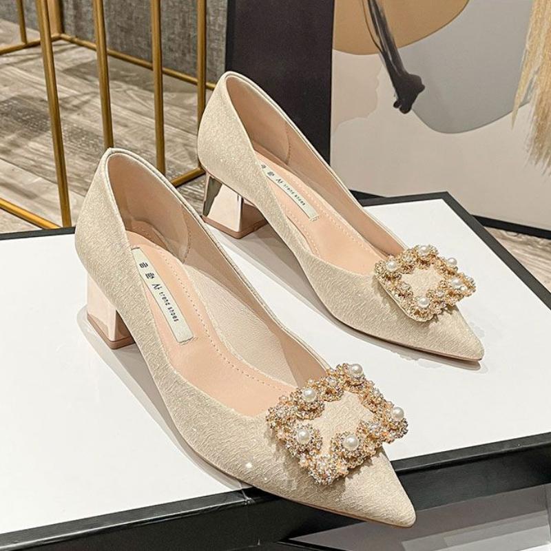 

Хрустальная квадратная пряжка, босоножки на высоком каблуке, женские весенне-летние туфли-лодочки с острым носком, женские туфли на тонком каблуке для вечеринки, свадьбы 36 шампанского