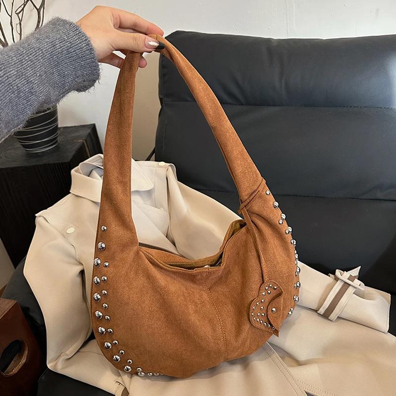 Suede Retro Rivets Design Shoulder Bag for Women 2024 Winter Trend New Y2K Fashion Design Handbags Females Tote Bags