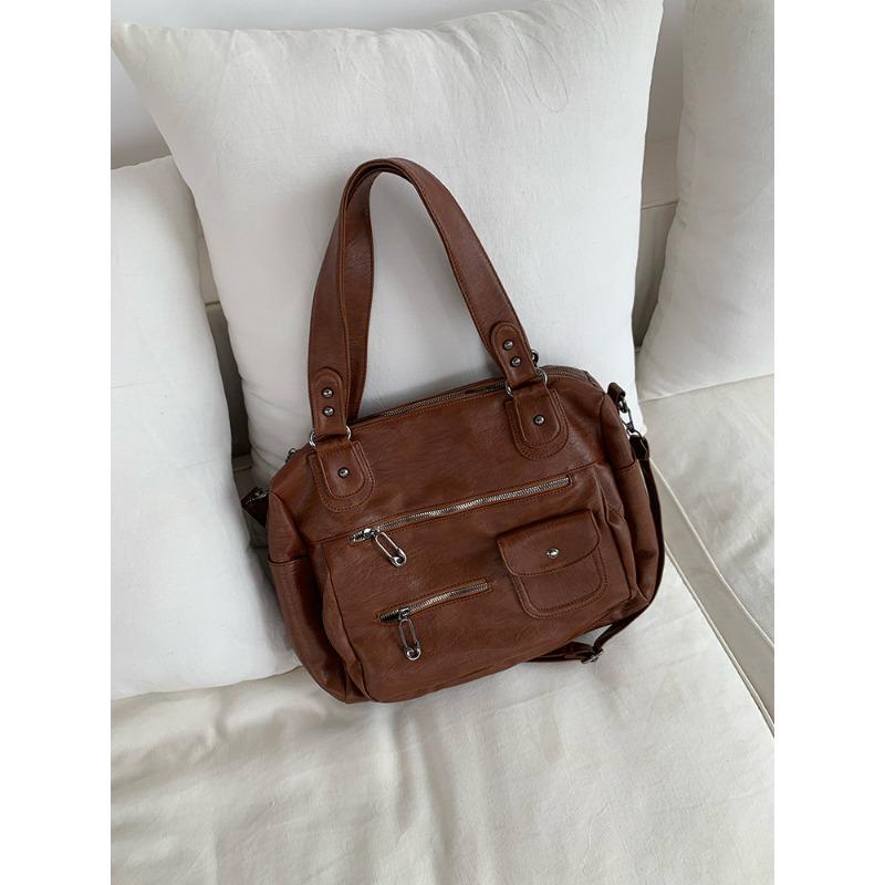 

Multi-zipper locomotive bag retro business trip luggage bag tote bag travel bag large capacity portable shoulder messenger bag коричневый