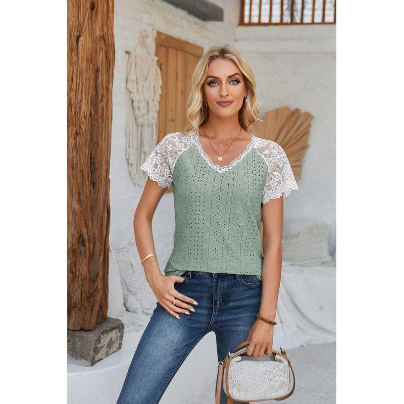 Lace Patchwork V-neck Breathable Top European and American Style Lace Patchwork V-neck Casual Tops
