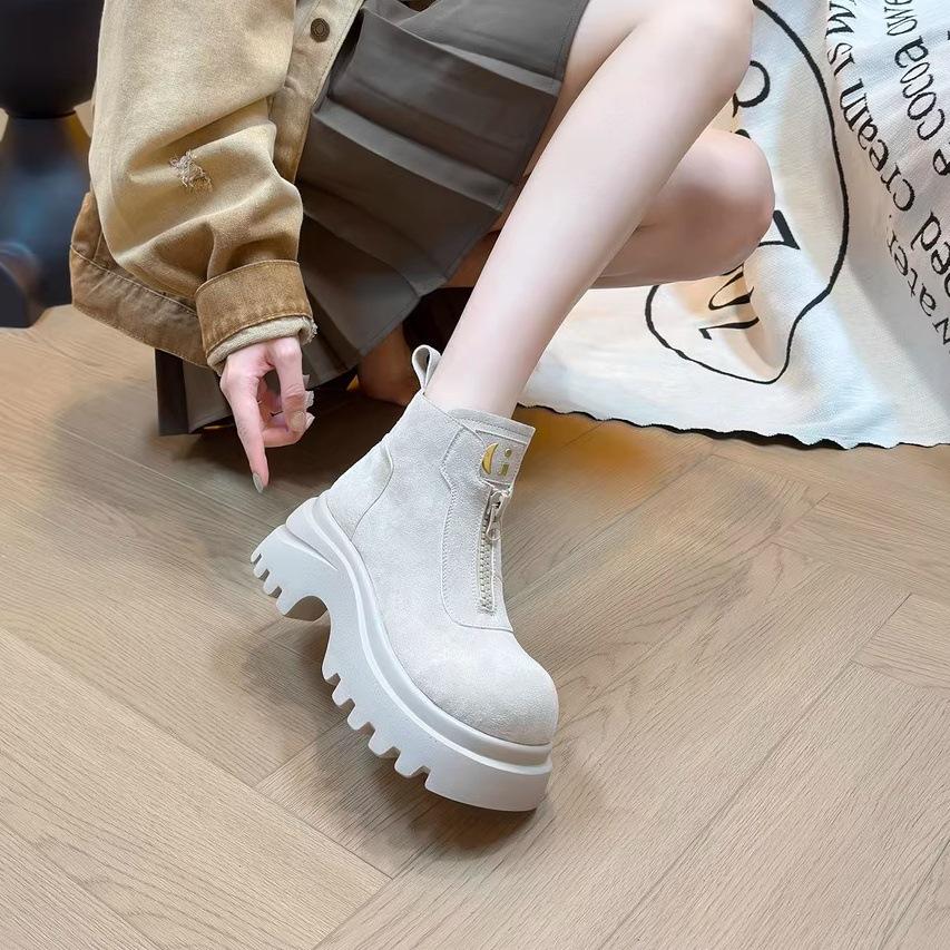 Ruoji ex-zipper Martin boots women's 2025 spring and autumn new retro leather heightening short boots spring and autumn single boots