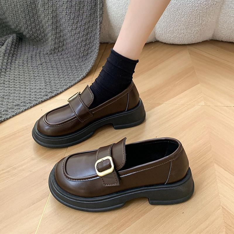 Round head Lun brown platform small leather shoes women's new autumn versatile skirt thick heel single shoes