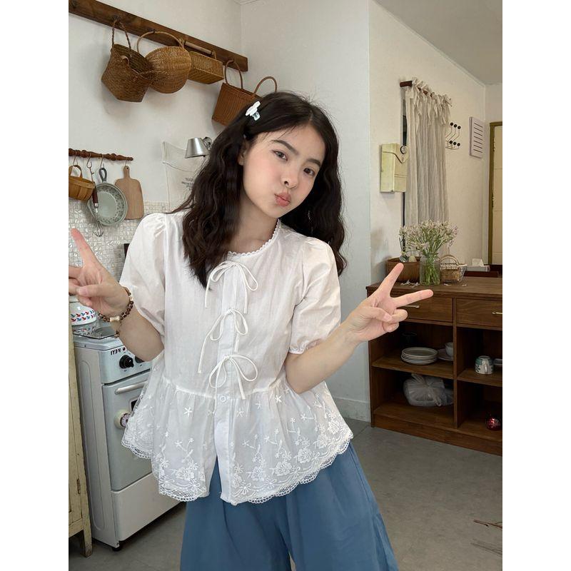 Kumikumi Sweet Style French style Lace Short sleeve Shirts Women clothes Summer Lace-up Design Sense Younger Top