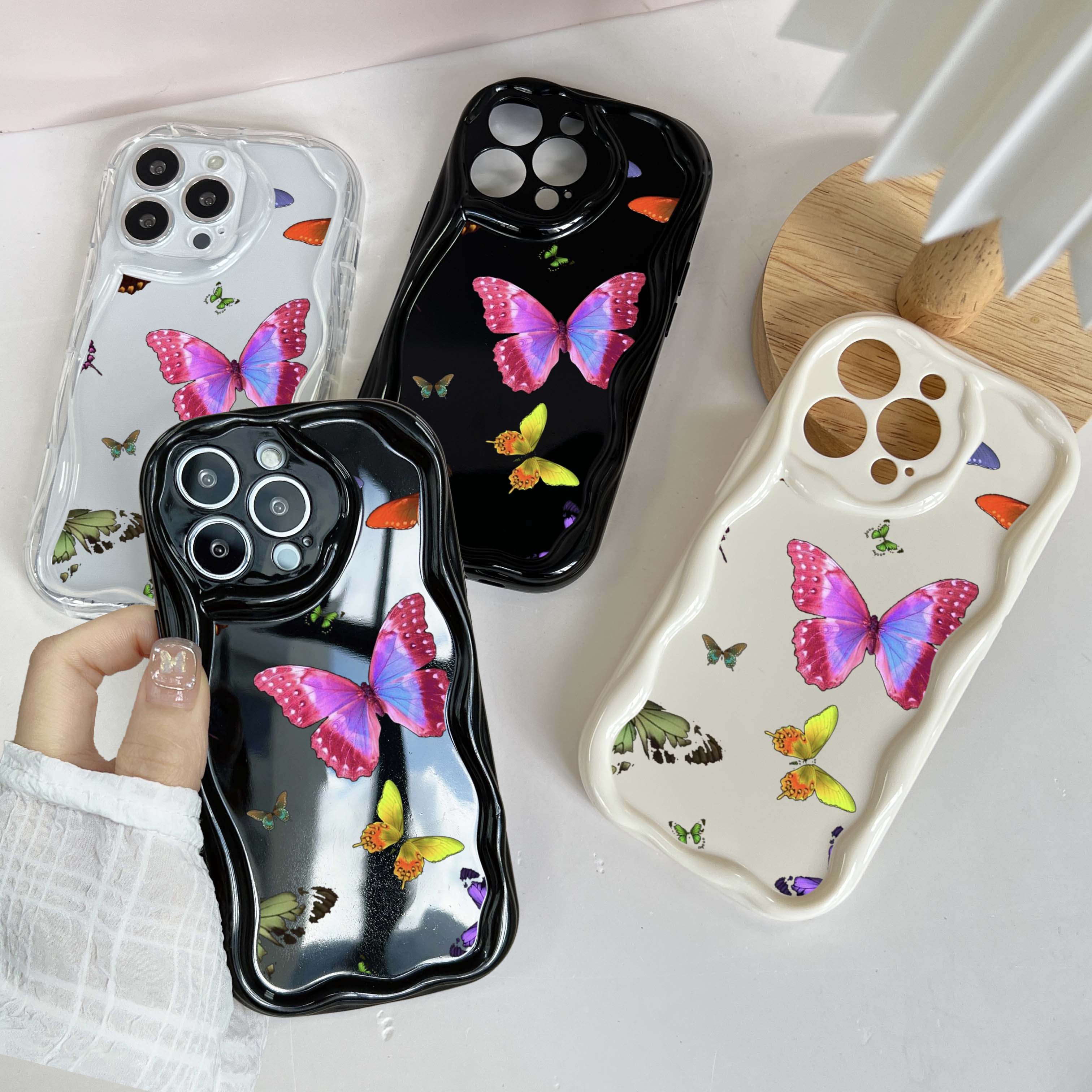 

N42 Красочный волнистый чехол с бабочкой для iPhone 15 14 13 Pro Max Samsung S24 S23 Ultra A54 A14 A34 Xiaomi Redmi 13C Huawei Honor Мягкая задняя крышка