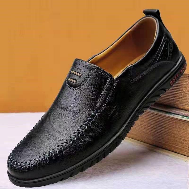Soft Slip-On Men's Loafers - Comfortable Black Split Leather Upper, PU Inner Lining, Rubber Outsole for All Seasons
