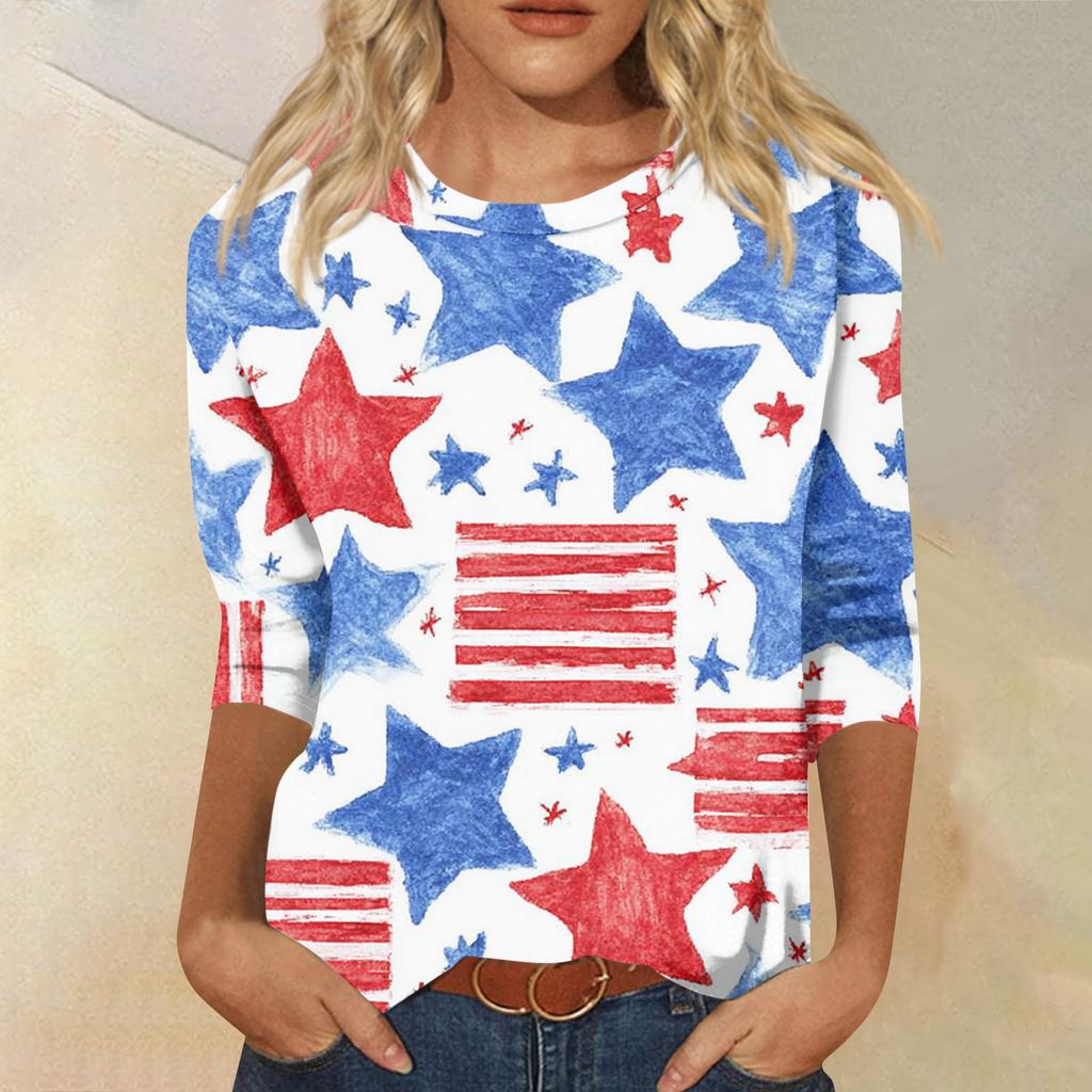 Women's Fashion Casual Seven-Sleeve Independence Day Print Round Neck Top