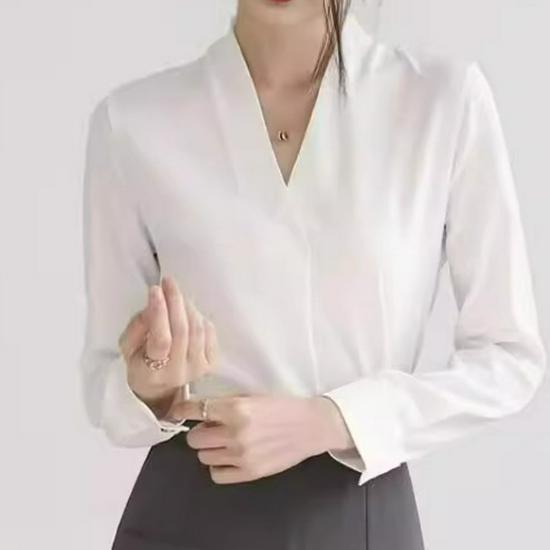 Damen V-Ausschnitt Kragenloses Weißes Chiffonhemd - Knitterarm, Professionelles Langarm-Oberteil für Frühling/Sommer