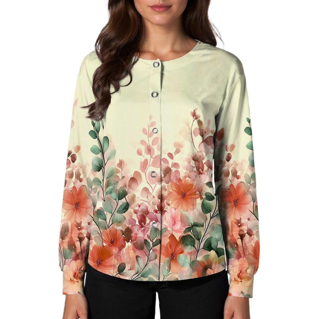 Women's Casual Long Sleeve Single Breasted Floral Print Caregiver Cardigan Top Lightweight Button Up Shirt for Daily Wear