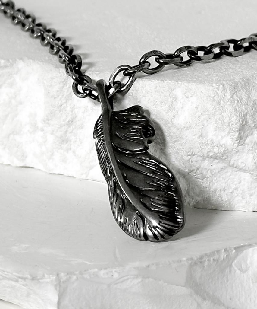 Blessed Bullet Ss-Black Line Feather Chain Necklace_Dark Silver/Black Silver
