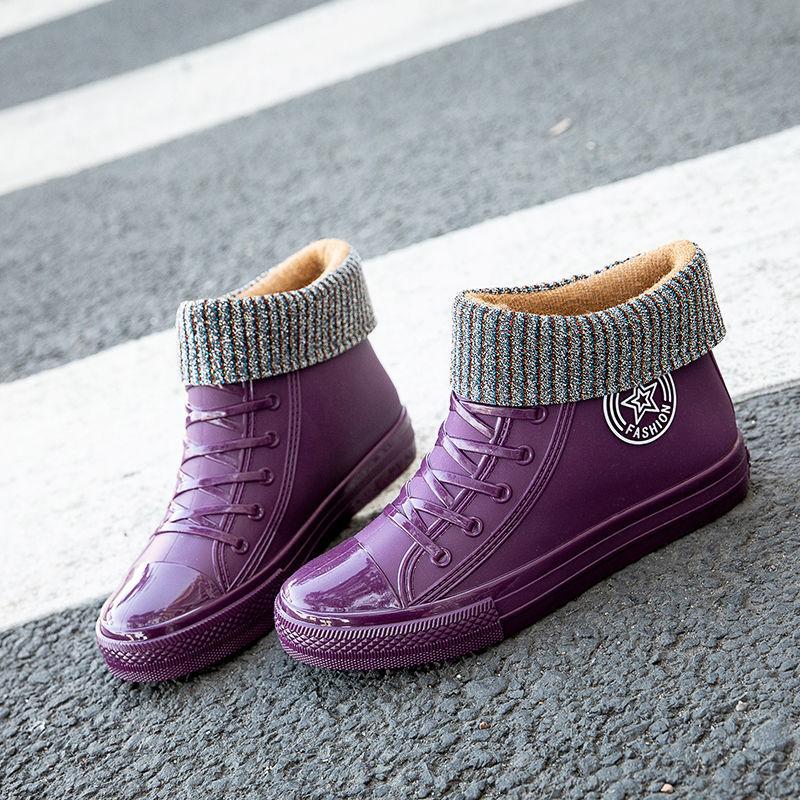 Stylish Warm Womens Galoshes Rain Shoes with Fur Winter Waterproof Boots Woman Fashion Garden Rainshoes Plush Raining Boot