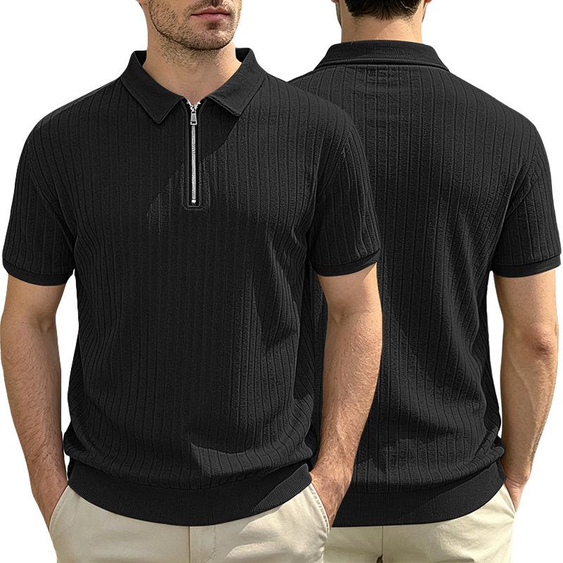 Men Solid Vertical Stripe Half Zip Turn Down Collar Short Sleeve Casual Large Size Polo T Shirt