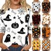 Women Casual Halloween Print Three Quarter Sleeve Round Neck Top Lightweight Comfortable Fit Fashionable Shirt for Everyday Wear