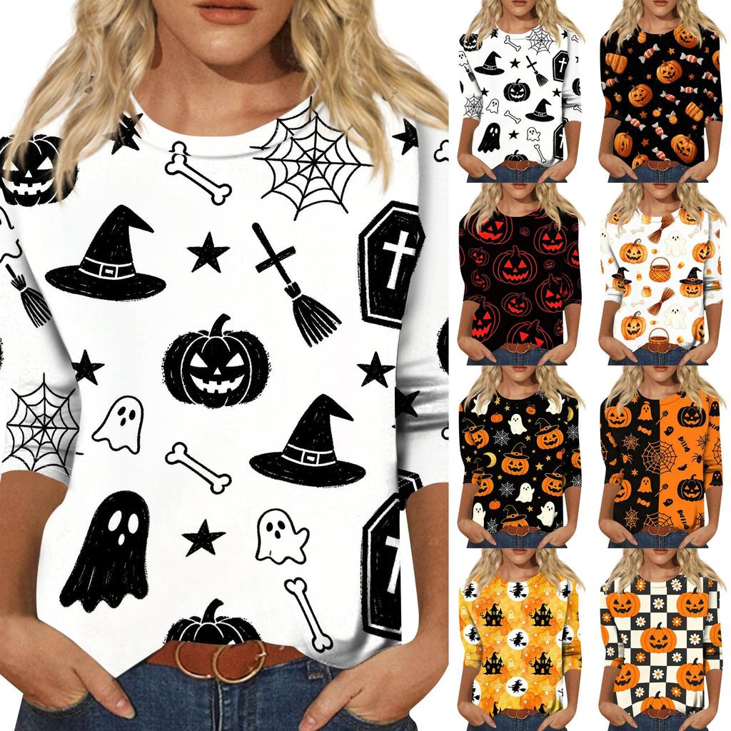 Women Casual Halloween Print Three Quarter Sleeve Round Neck Top Lightweight Comfortable Fit Fashionable Shirt for Everyday Wear