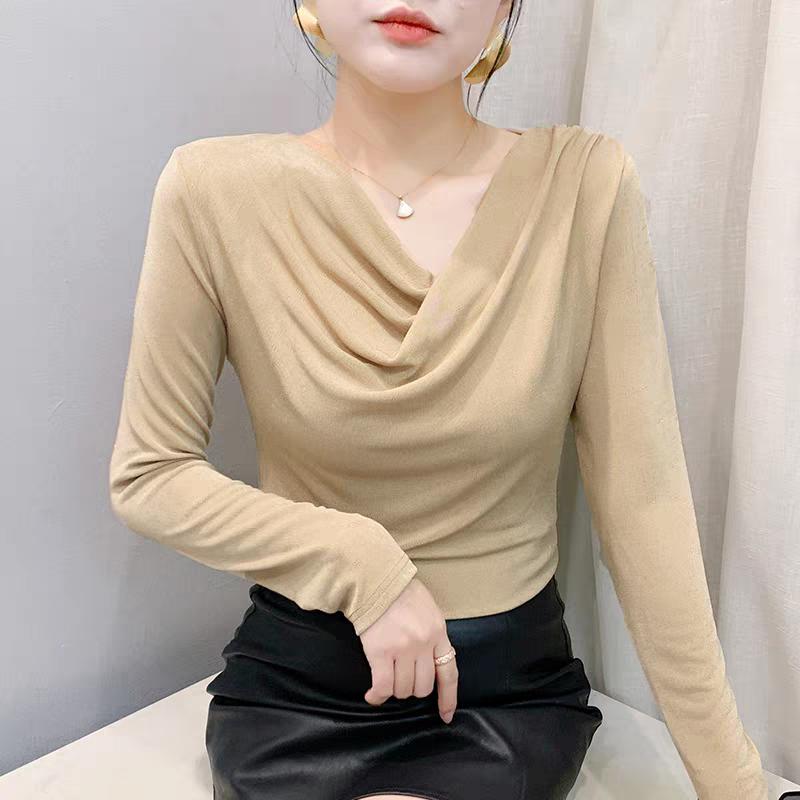 

Новая женская футболка с длинным рукавом на весну-осень, сексуальная плиссированная с V-образным вырезом, повседневная облегающая, классический горячий женский топ-блузка 3XL хаки
