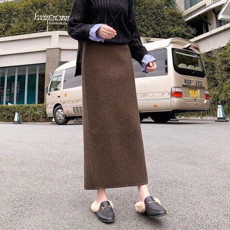 Bodycon Trendy Dámská Silná Pletená Dlouhá Midi Sukně s Vysokým Pasem Bez Rozparku Černá Vlněná Sukně