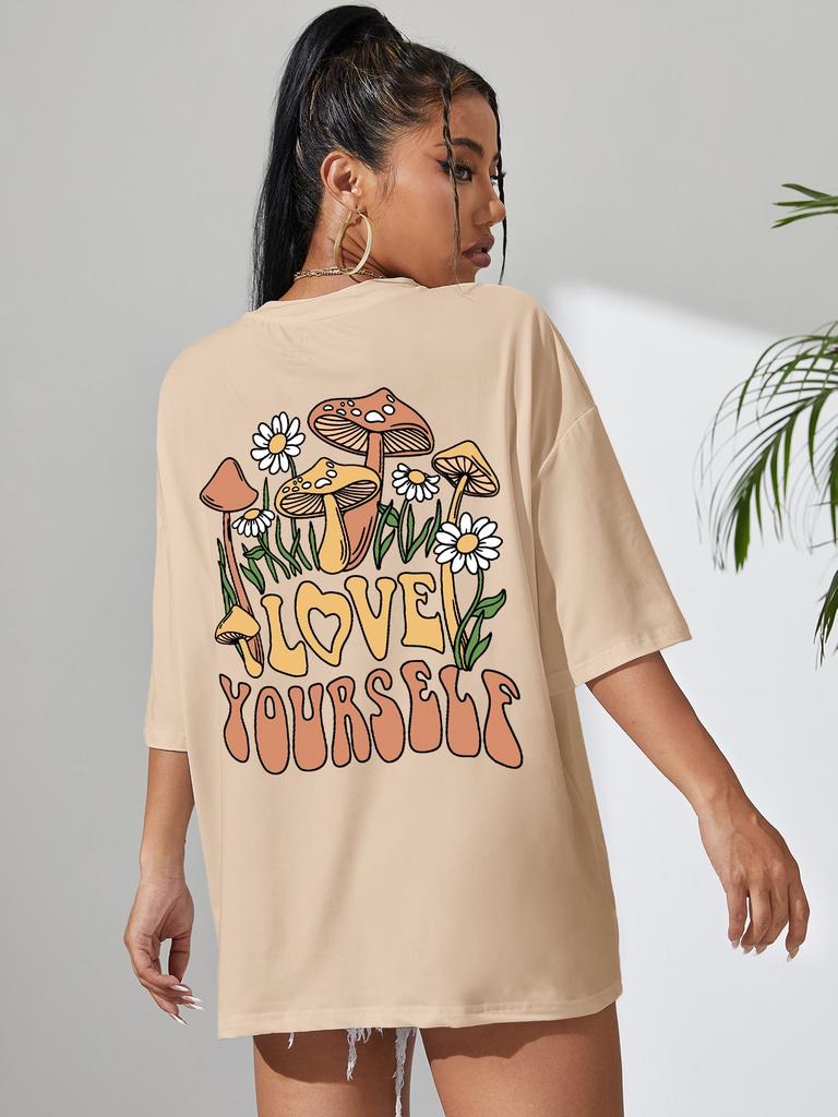 Love Yourself Grow Wantonly Cotton Prints Woman T-Shirt Essential Daily T-Shirt Personality Funny Short Sleeve Oversized Tshirts