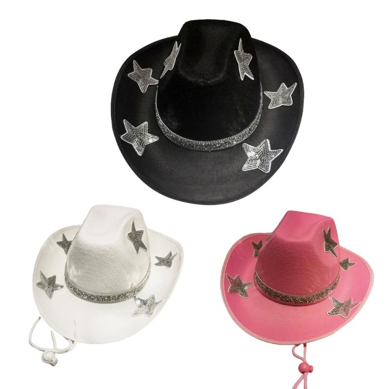 Thick Windproof Cowboy Hat with Sequins Star Pattern Rolled Brim Felt Cowboy Hat
