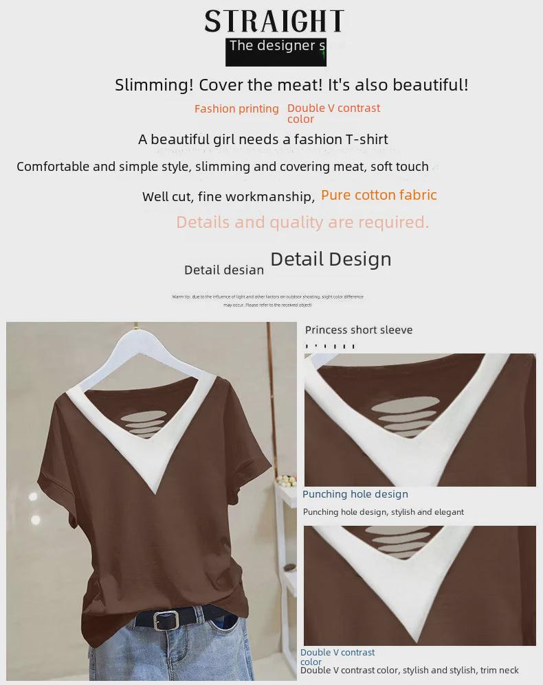 Women's 2024 Summer Cotton V-neck Short-Sleeve Top - Versatile, Loose, Slimming, Plus Size, Chic Korean Style T-shirt
