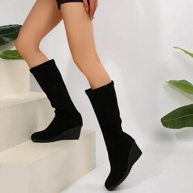 Frühlings Damen Übergröße Keilschuhe Mode Slipper und Wadenhohe Stiefel Retro Lässige Reitstiefel für Damen Hohe Absätze Botas Mujer