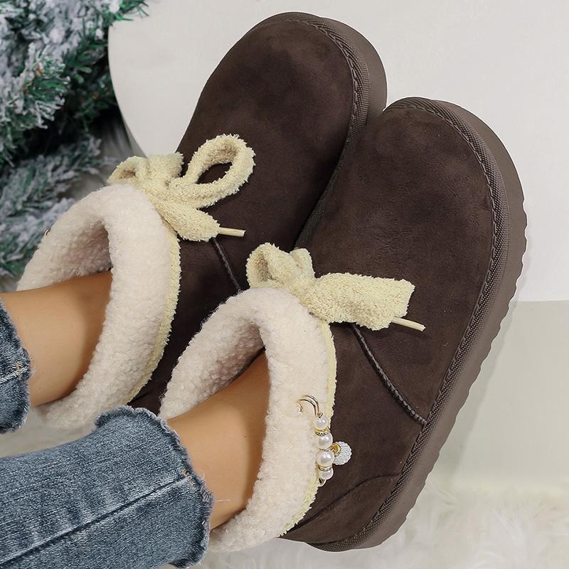 Luxury Lace Up Pearl Decoration Snow Boots Women 2025 Soft Faux Fur Ankle Boots Woman Solid Color Platform Warm Botas Mujer