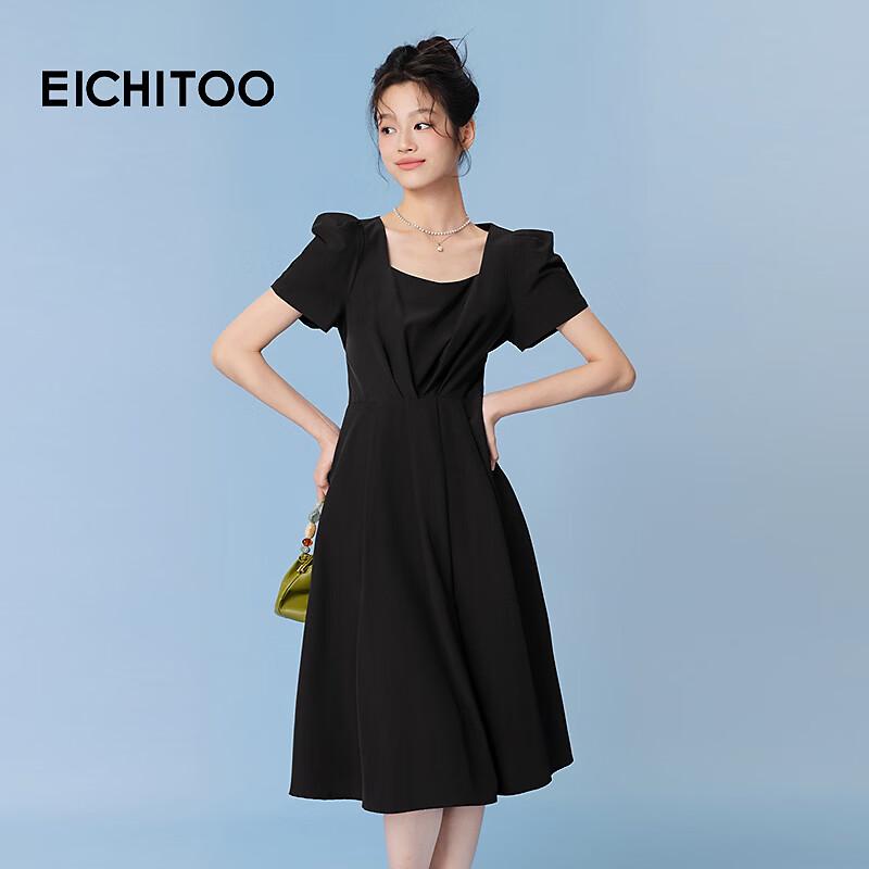 EICHITOO Simple Hepburn Style Little Black Short-Sleeve Midi Dress L